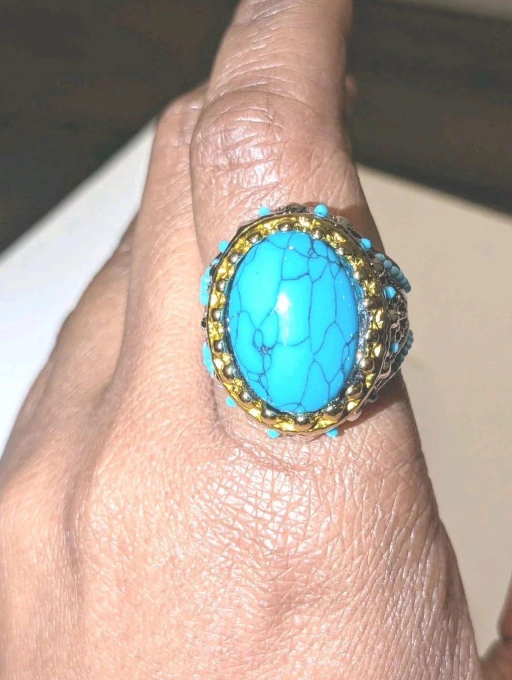 Retro Punk Style Ring Simulated Turquoise Two Tone Polished Statement Band Ring
